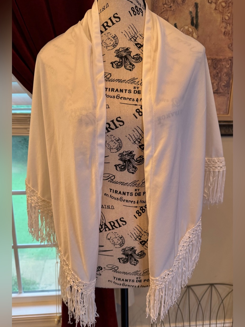 Vintage California Things 70s Boho Fringe Triangle Shawl White Wrap VTG Bridal